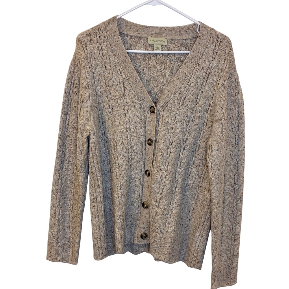 Appleseeds Vintage Cable Knit Cardigan Sweater Beige Wool Blend Flecked V-Neck M
